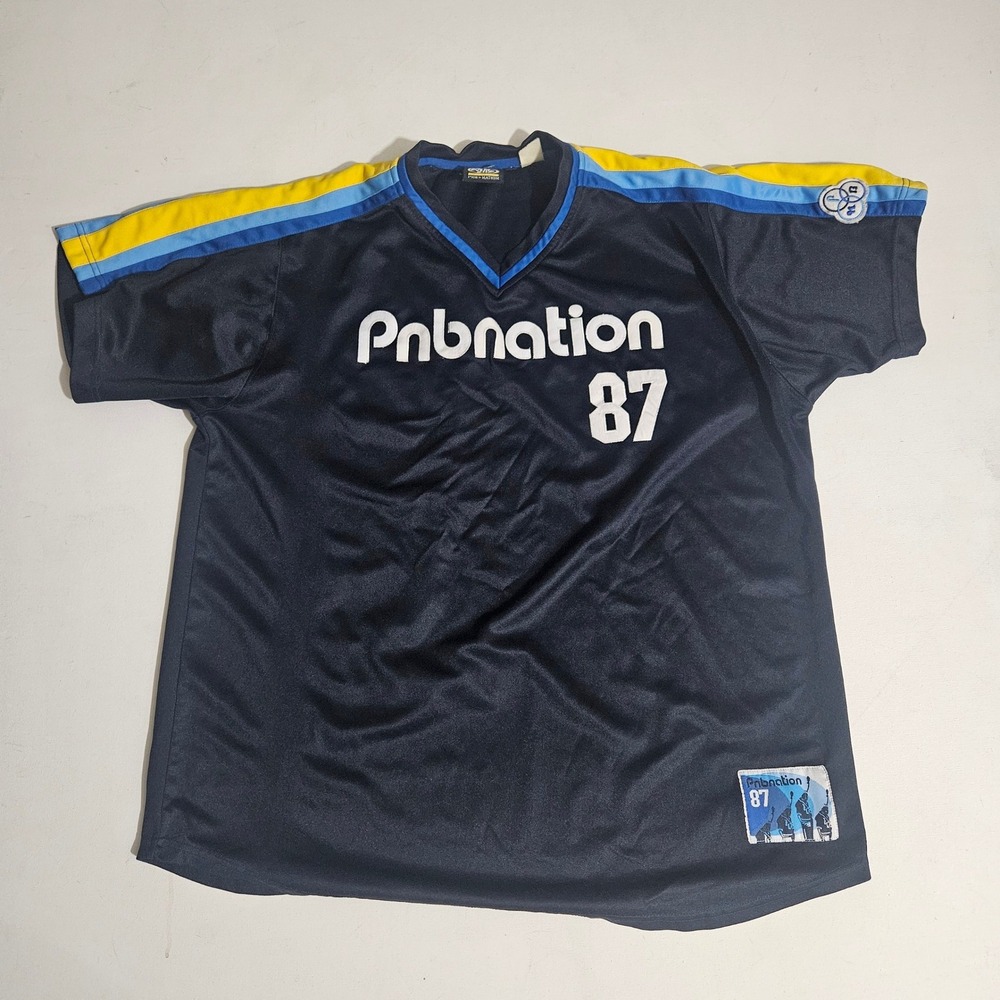 Vintage Pnb Nation 87 Jersey Navy Blue Yellow Stripe Streetwear Mens XL Hip Hop